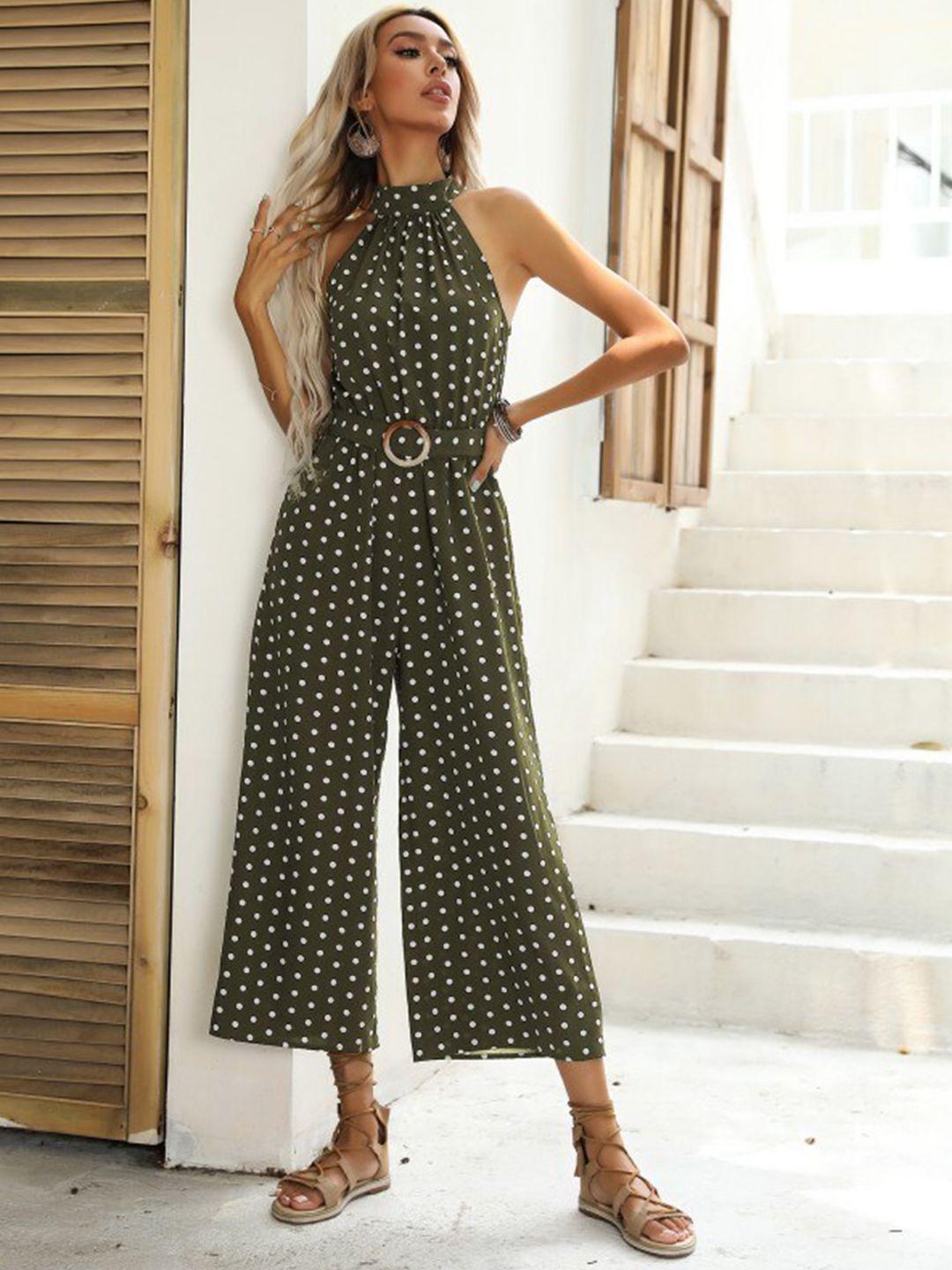 stylecast green & white polka dots printed cropped basic jumpsuit