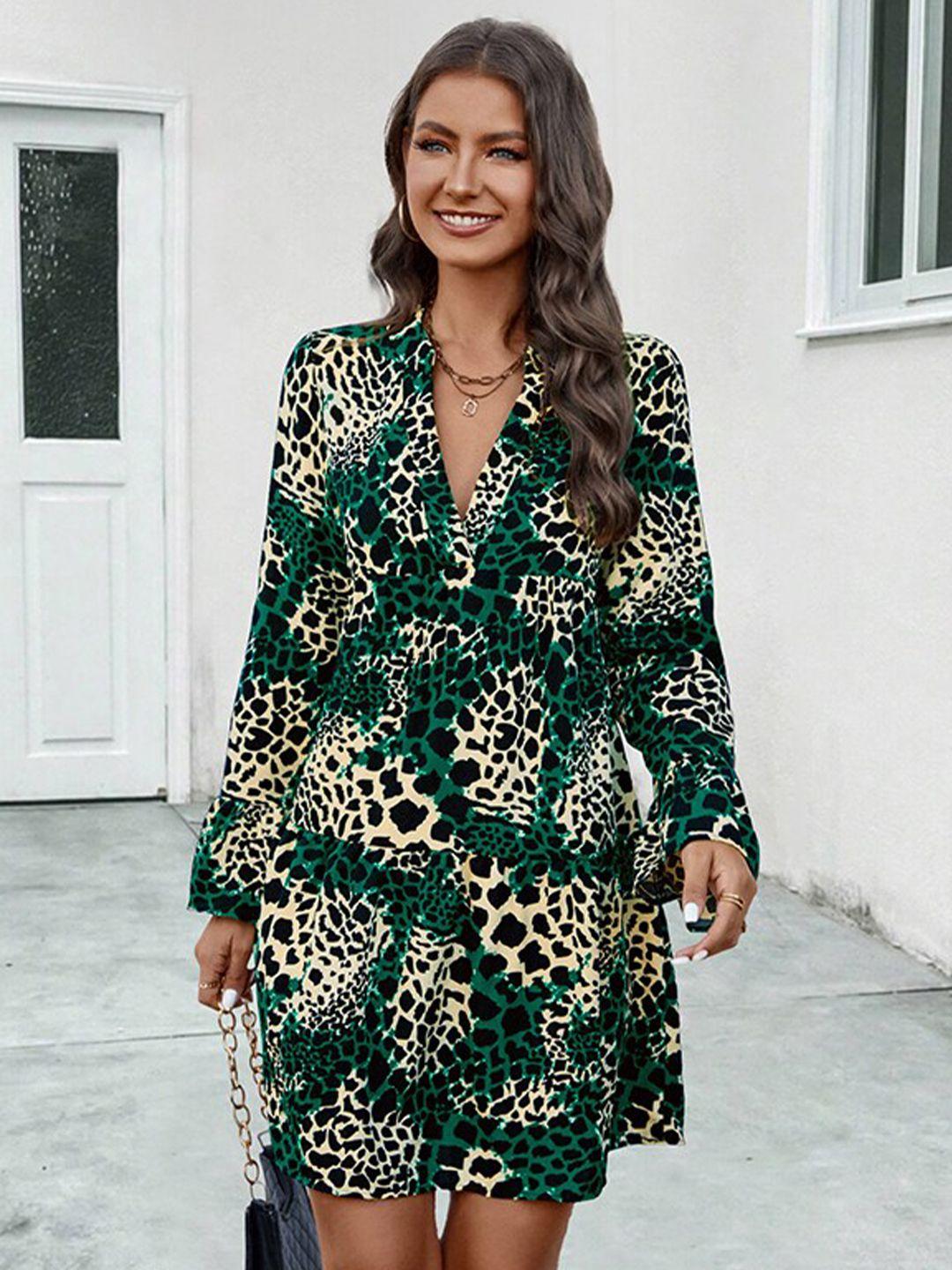 stylecast green & yellow animal print bell sleeve a-line dress