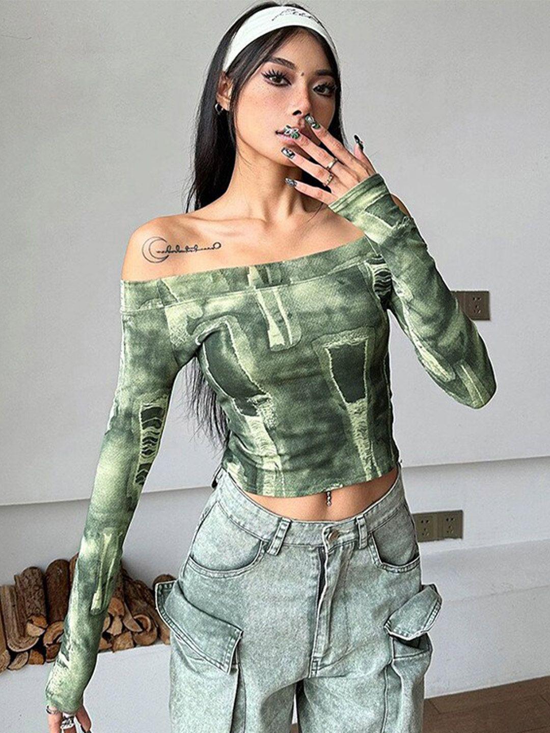 stylecast green abstract printed off-shoulder crop top