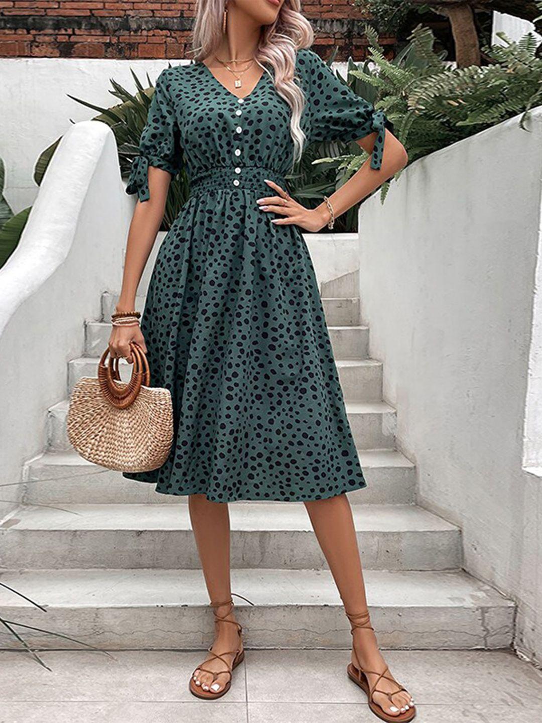 stylecast green animal printed v-neck puff sleeves gathered detail fit & flare midi dress