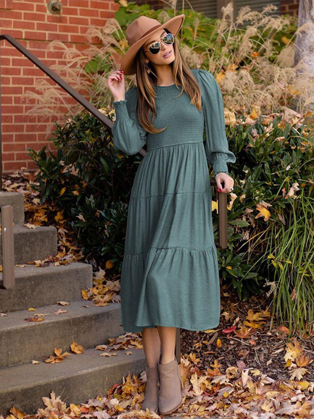 stylecast green bishop sleeve layered a-line midi dress