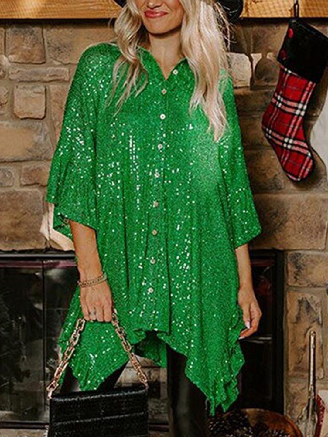 stylecast green embellished extended sleeves sequinned oversized longline shirt style top