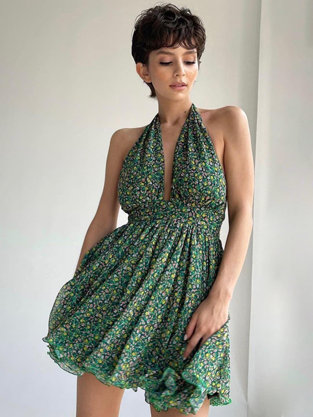 stylecast green floral print halter neck fit & flare dress