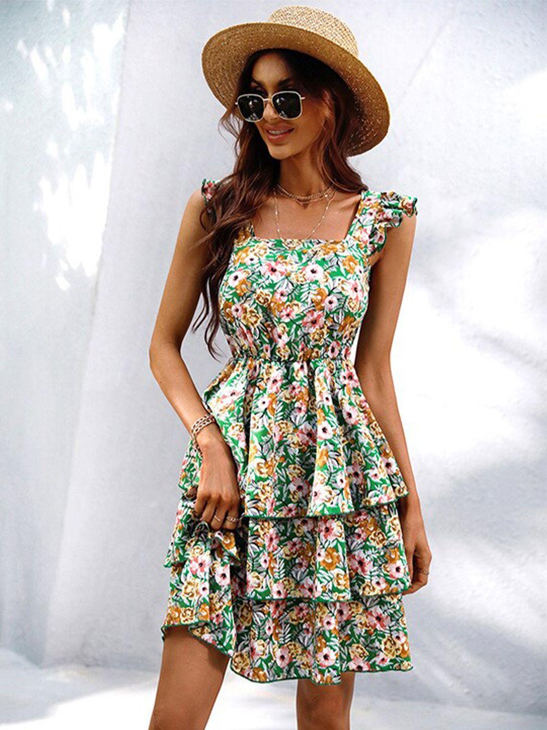 stylecast green floral printed layered fit & flare dress