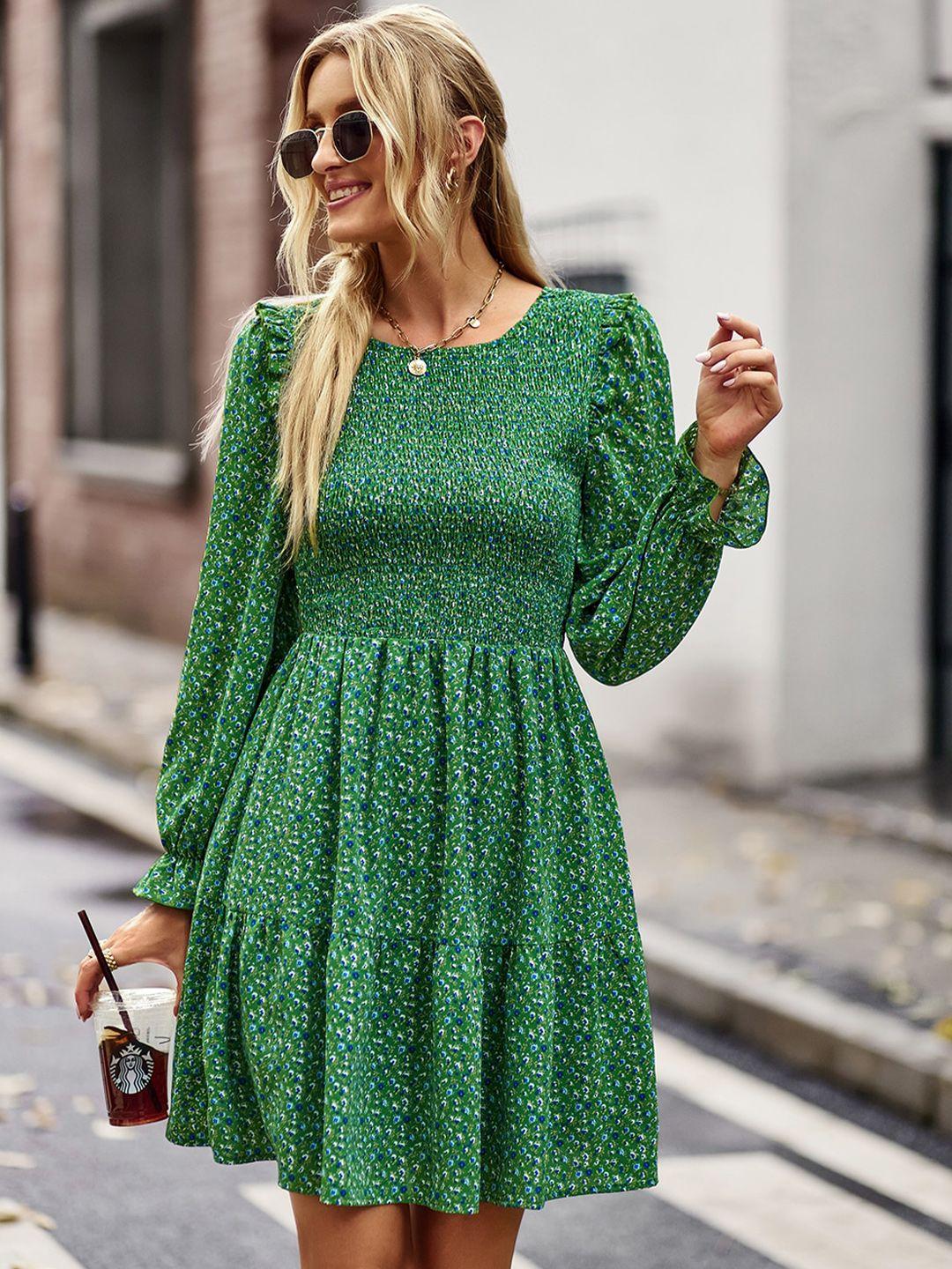 stylecast green floral printed puff sleeve fit & flare dress