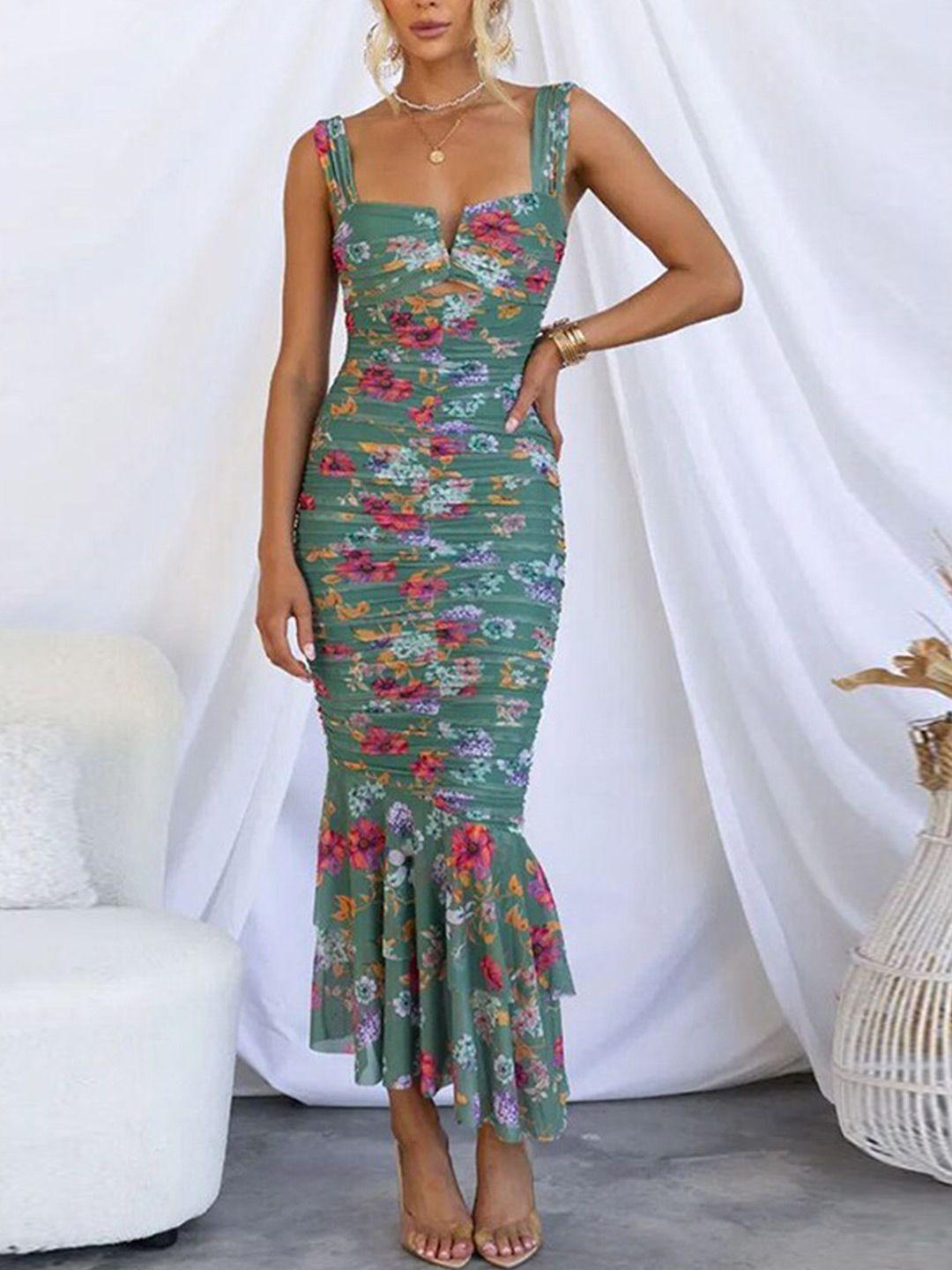 stylecast green floral printed shoulder strap ruched bodycone maxi dress