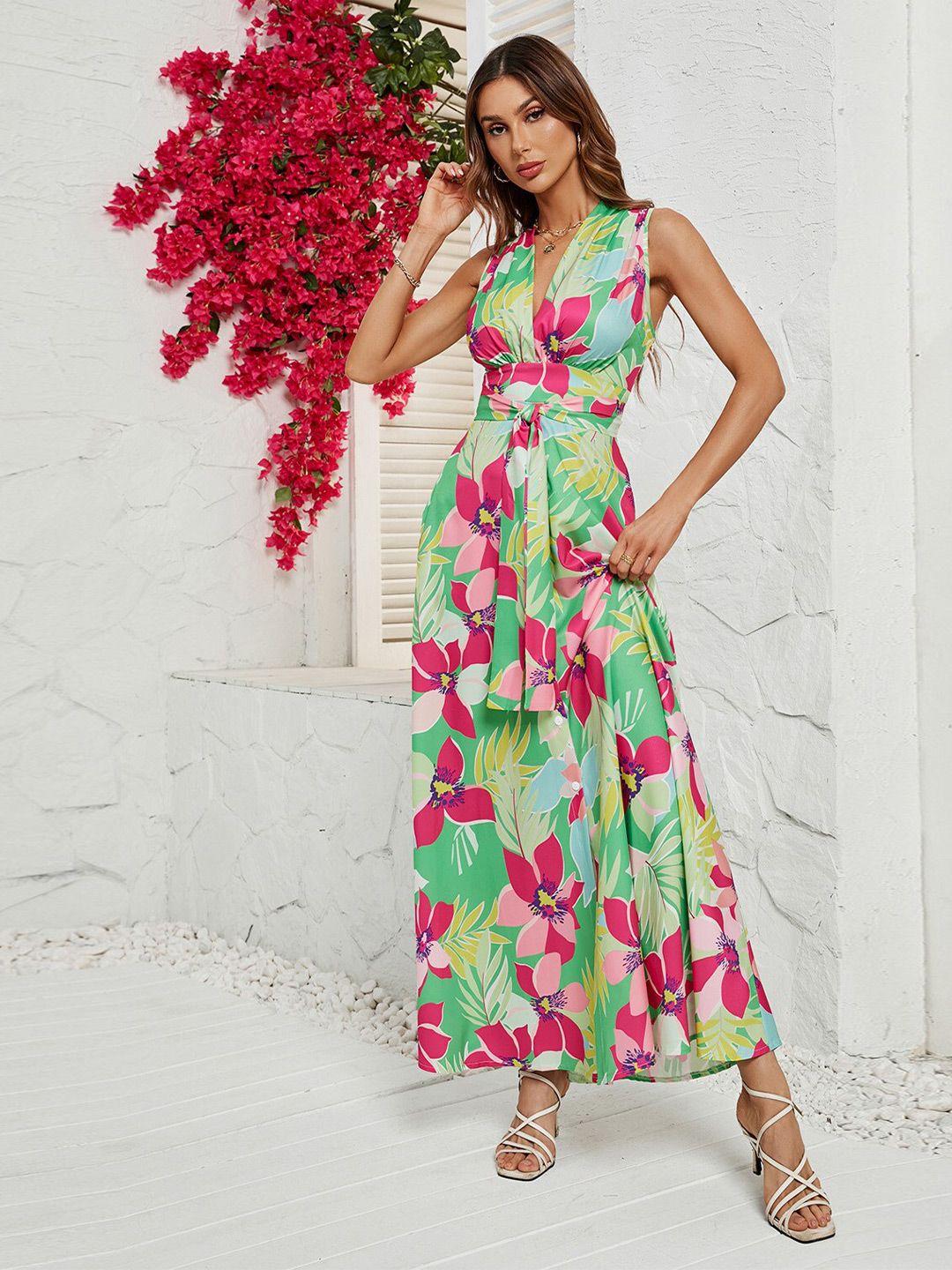 stylecast green floral printed v-neck gathered detailed maxi dress