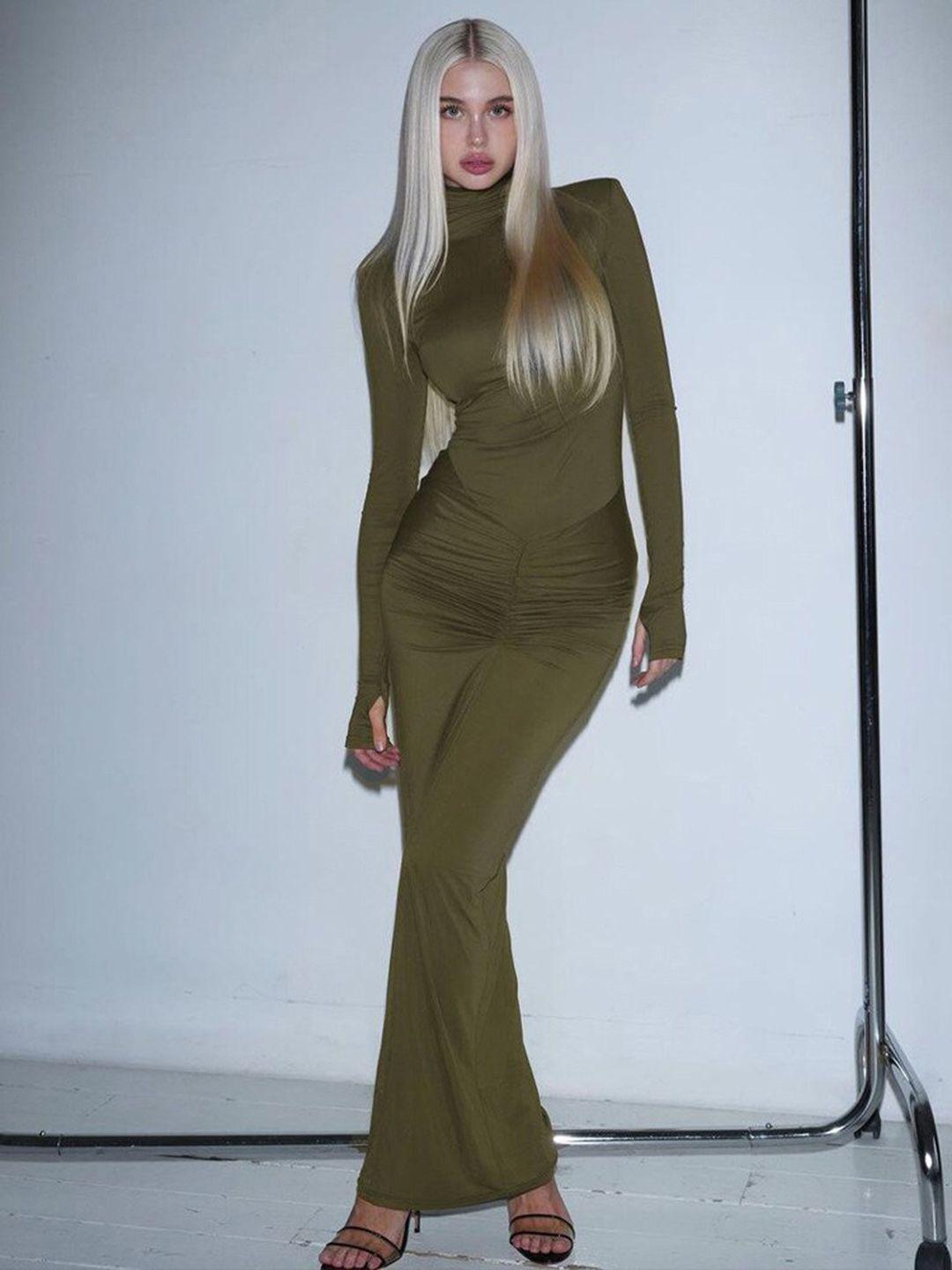 stylecast green high neck long sleeves ruched maxi dress