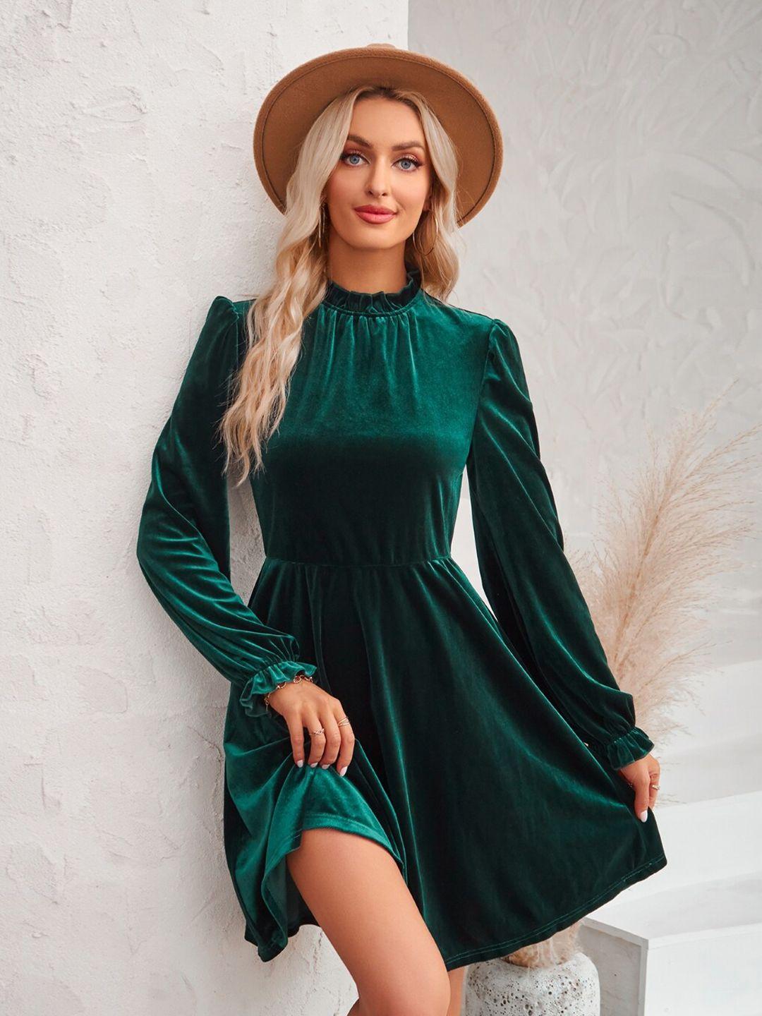 stylecast green high neck puff sleeves fit & flare dress