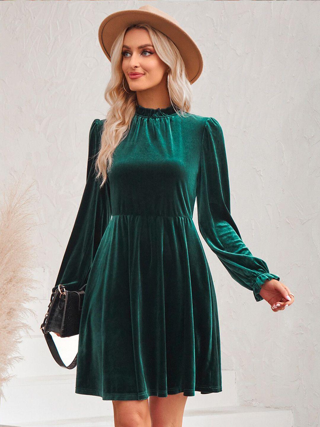 stylecast green high neck puff sleeves gathered detailed fit & flare dress