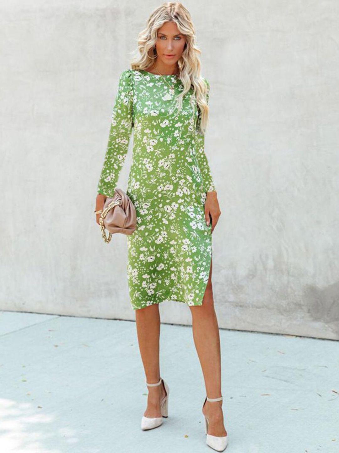 stylecast green round neck long sleeves floral print sheath dress