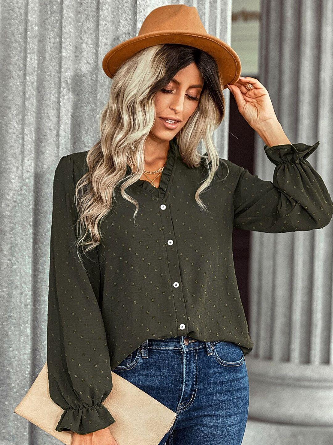 stylecast green self design bell sleeves shirt style top