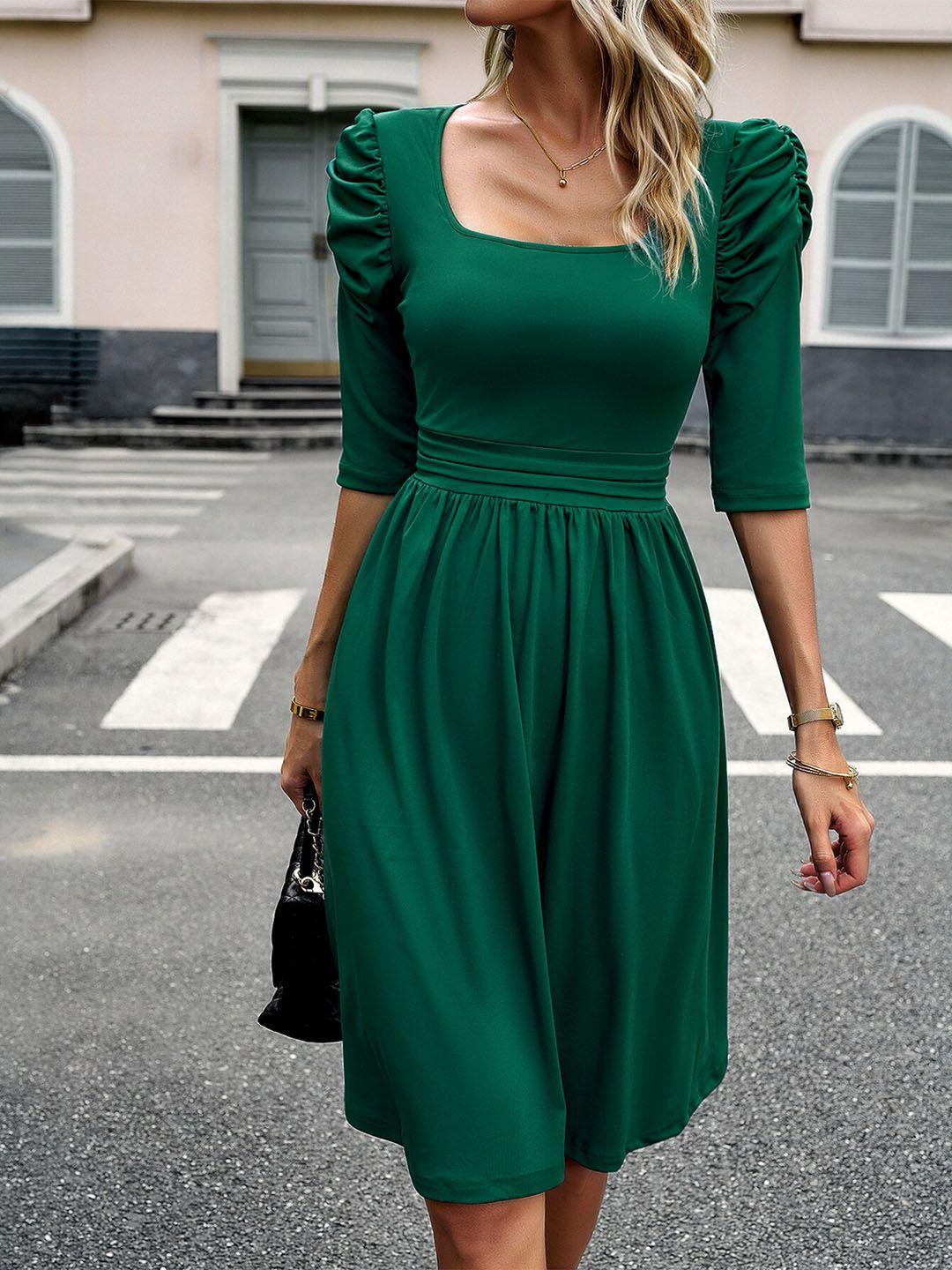 stylecast green square neck puff sleeve fit & flare dress