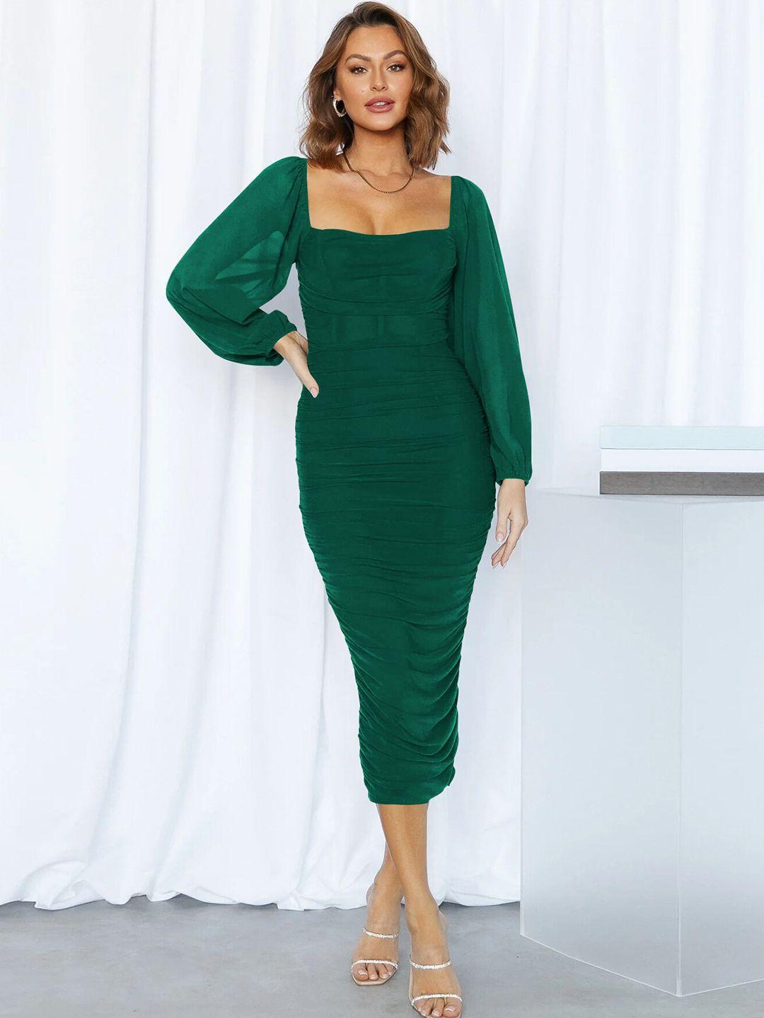 stylecast green square neck puff sleeves ruched bodycon midi dress