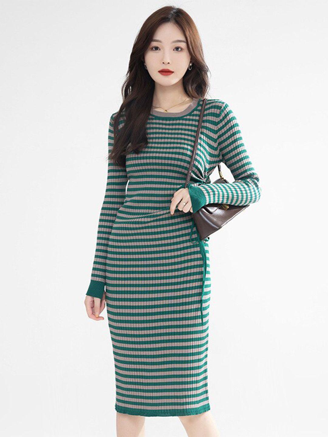 stylecast green striped round neck bodycon midi dress