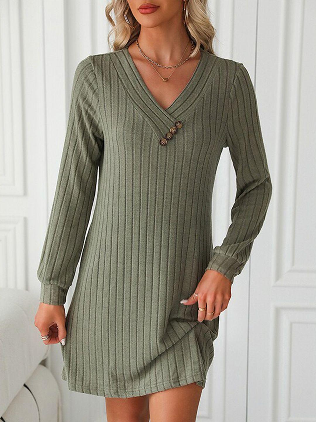 stylecast green striped v-neck a-line dress