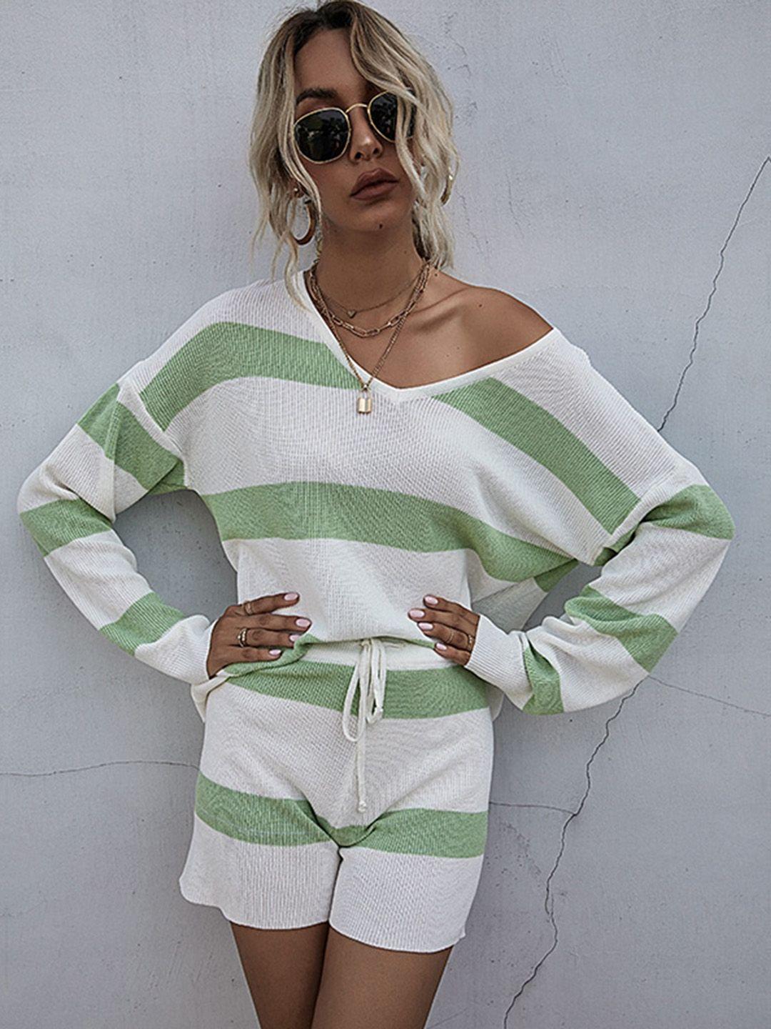 stylecast green striped v-neck top & shorts