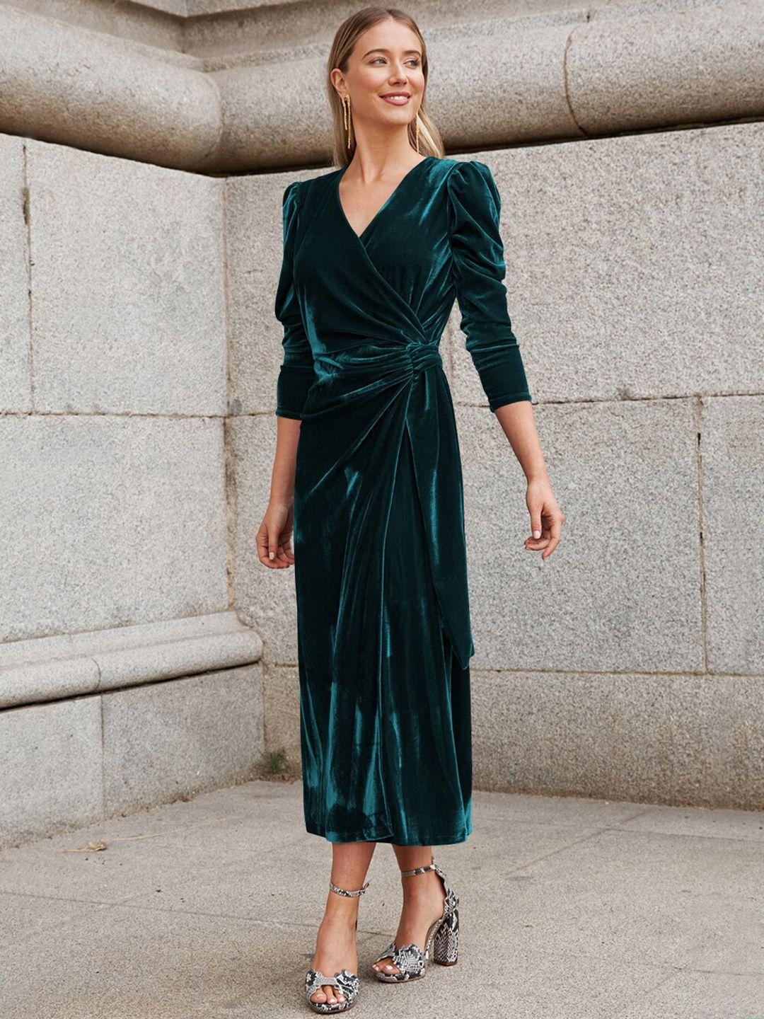 stylecast green v-neck puff sleeves a-line maxi dress