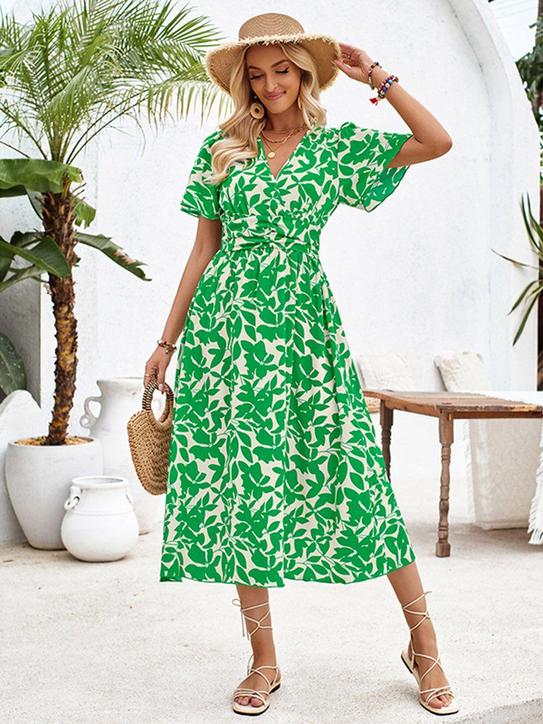 stylecast green white floral print fit & flare midi dress