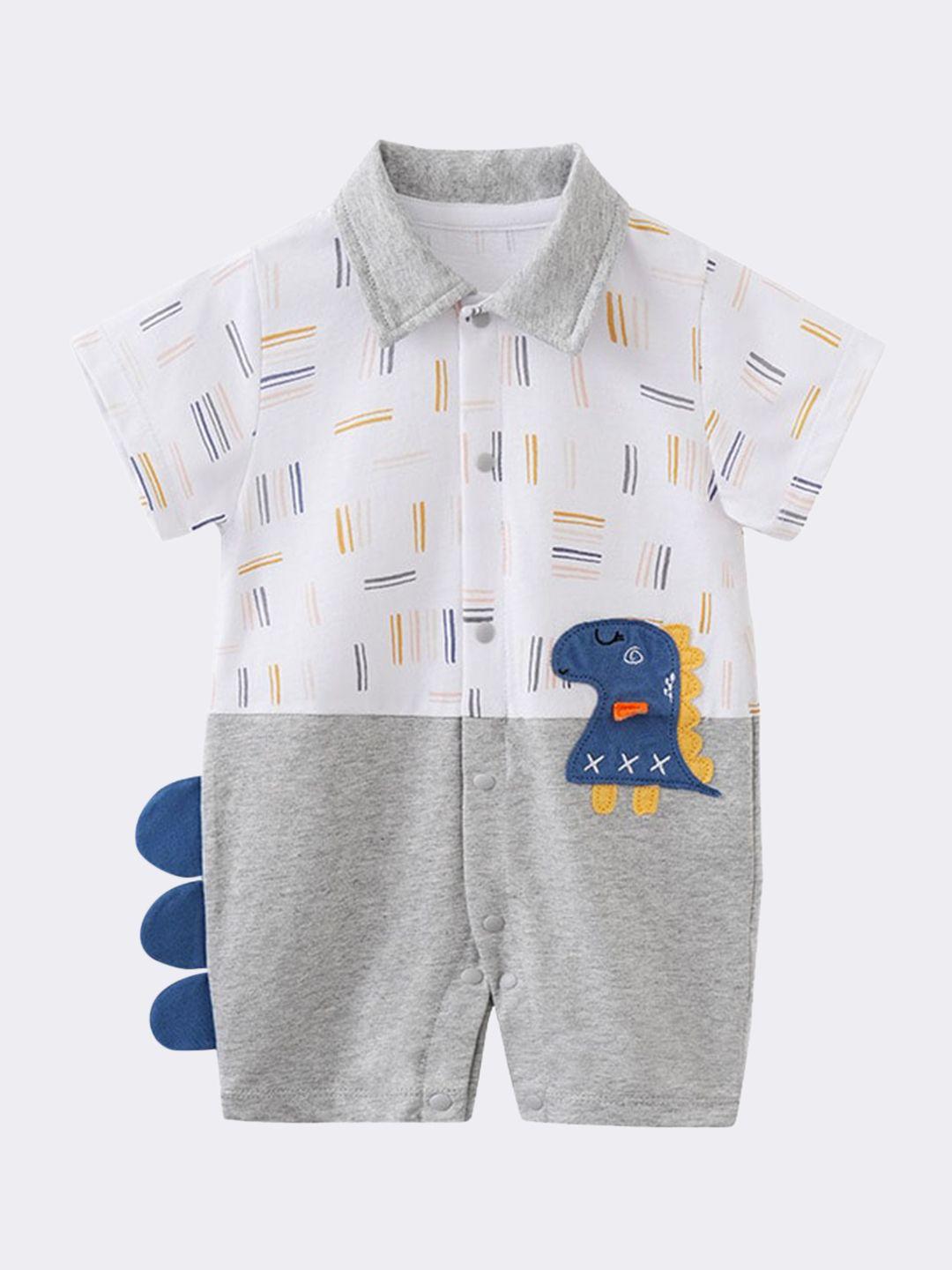 stylecast grey & white infant boys printed shirt collar cotton rompers