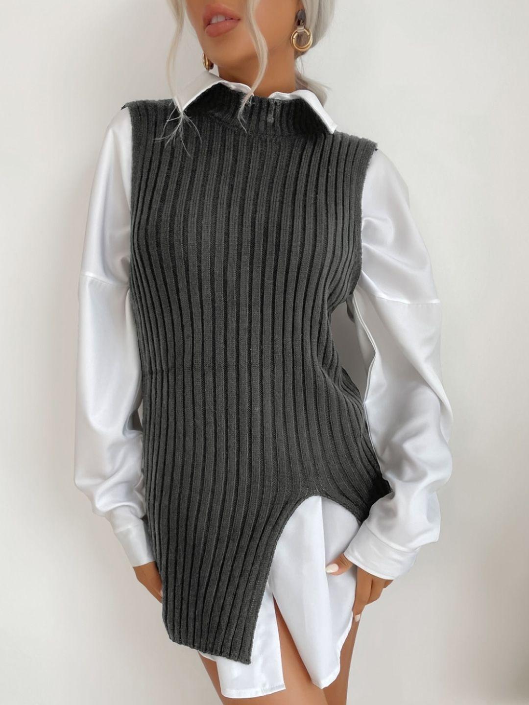 stylecast grey self design striped high neck longline sweater vest
