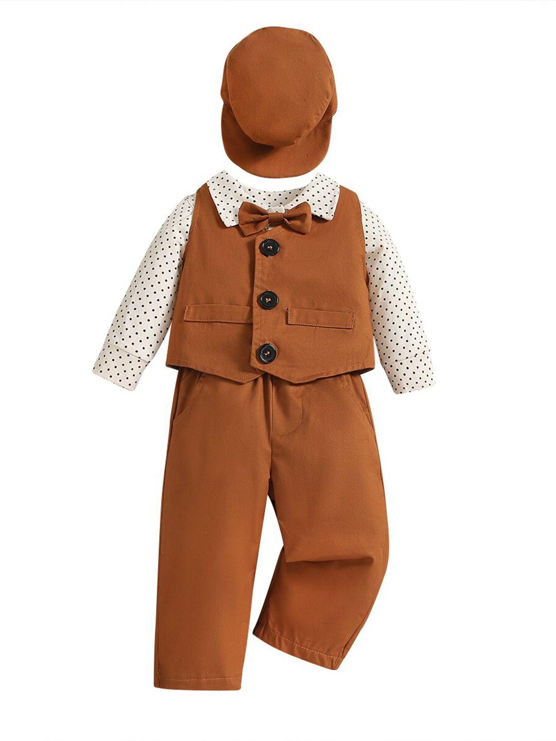 stylecast infant boys brown waist coat with trousers , shirt , cap , suspenders & bow