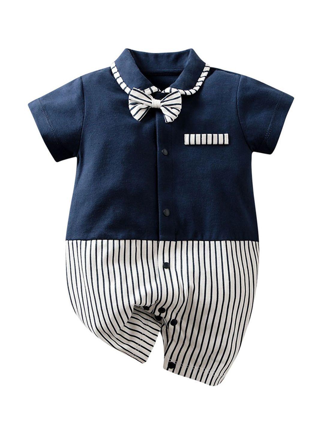 stylecast infant boys navy blue striped cotton rompers with bow