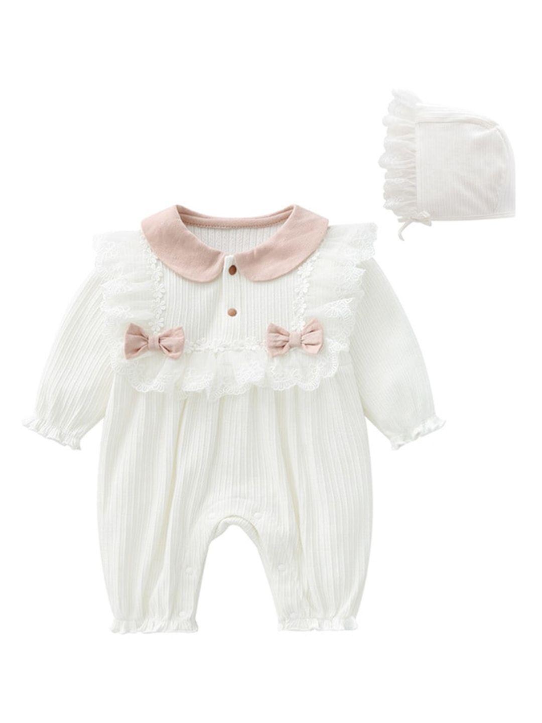 stylecast infant girls white & pink self-design ruffled bow detail cotton romper with cap