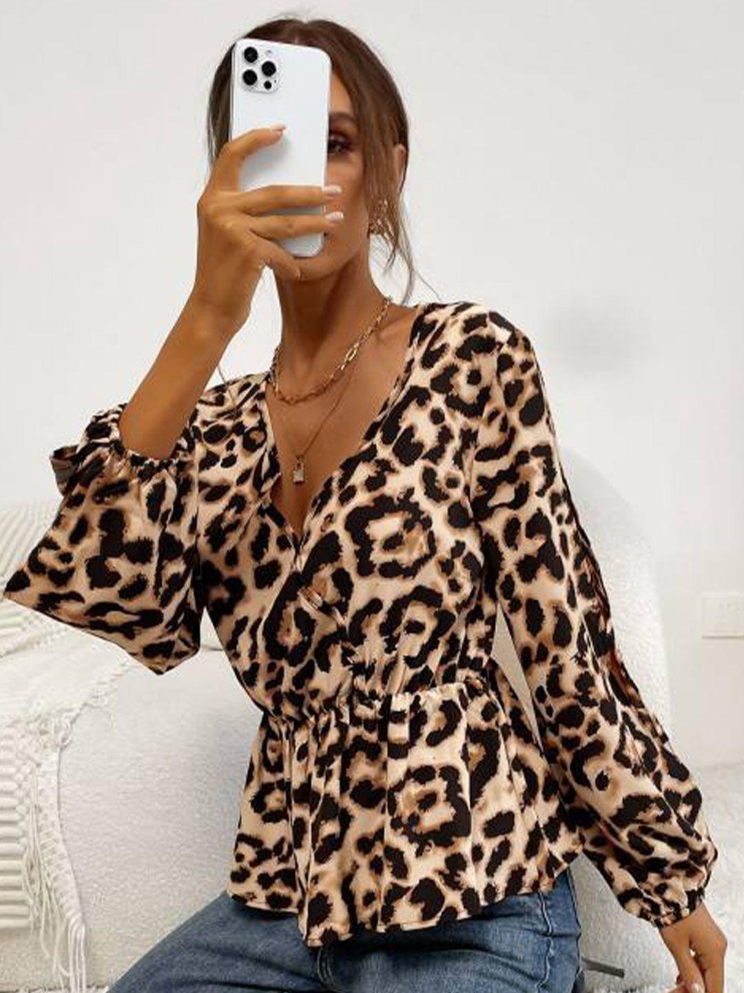 stylecast khaki & black animal printed puff sleeves peplum top