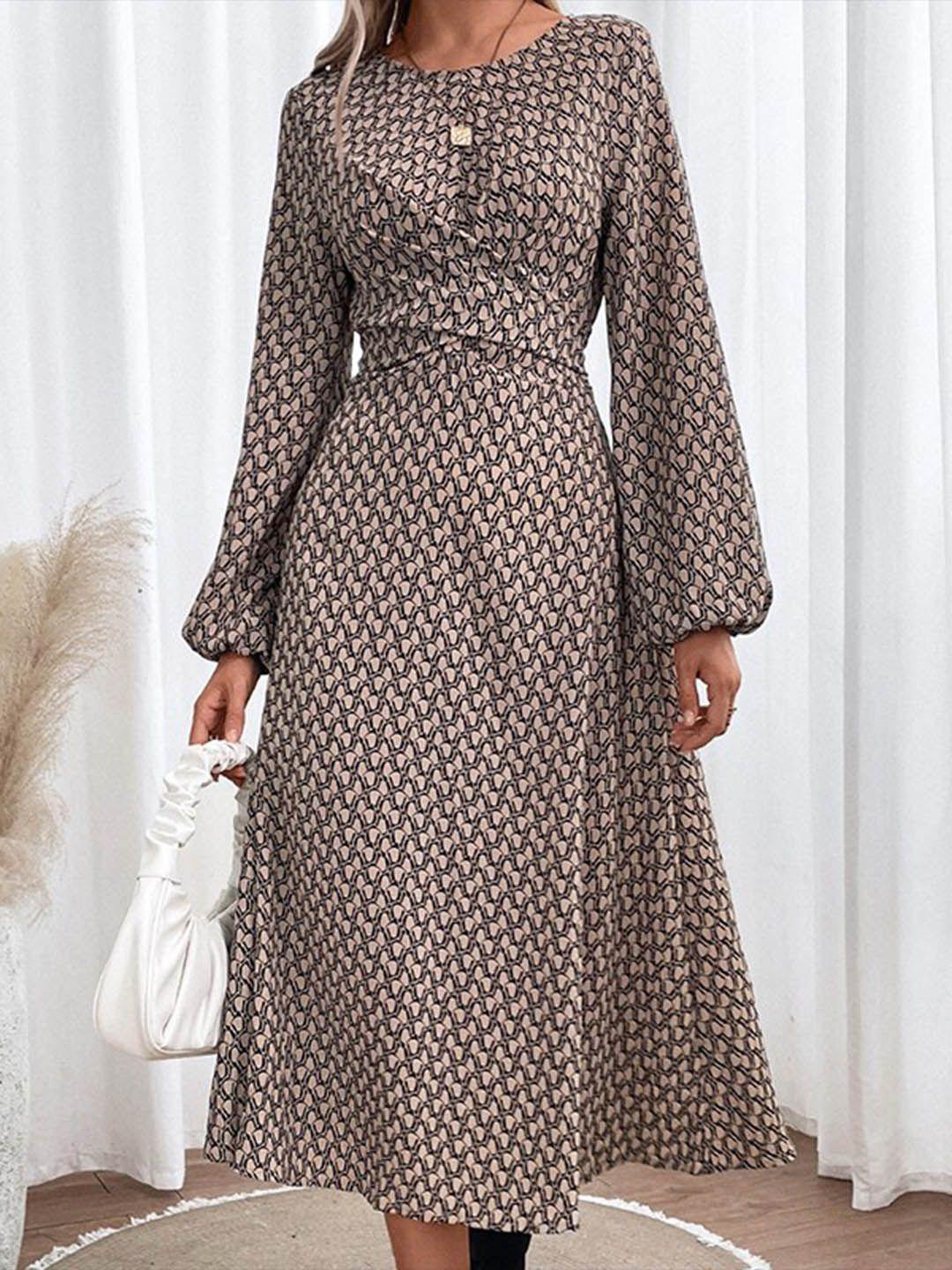 stylecast khaki & walnut print fit & flare midi dress