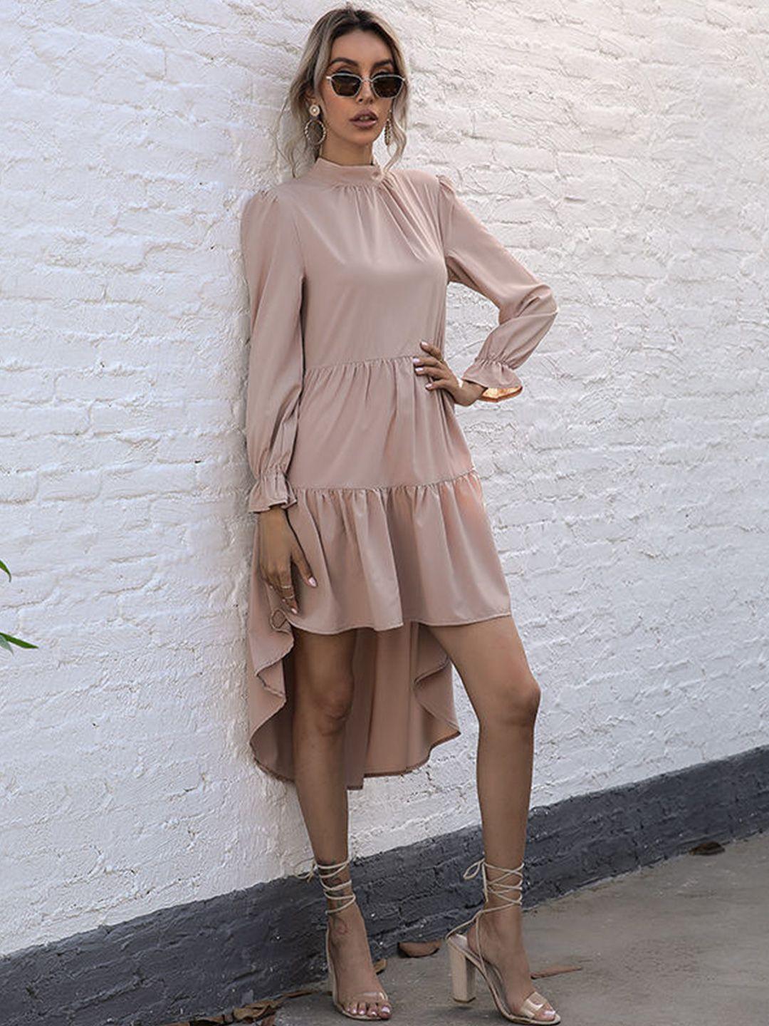 stylecast khaki high neck cuffed sleeves tiered chiffon a-line dress