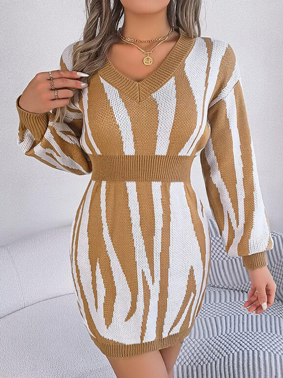 stylecast khaki striped v-neck acrylic sheath mini dress