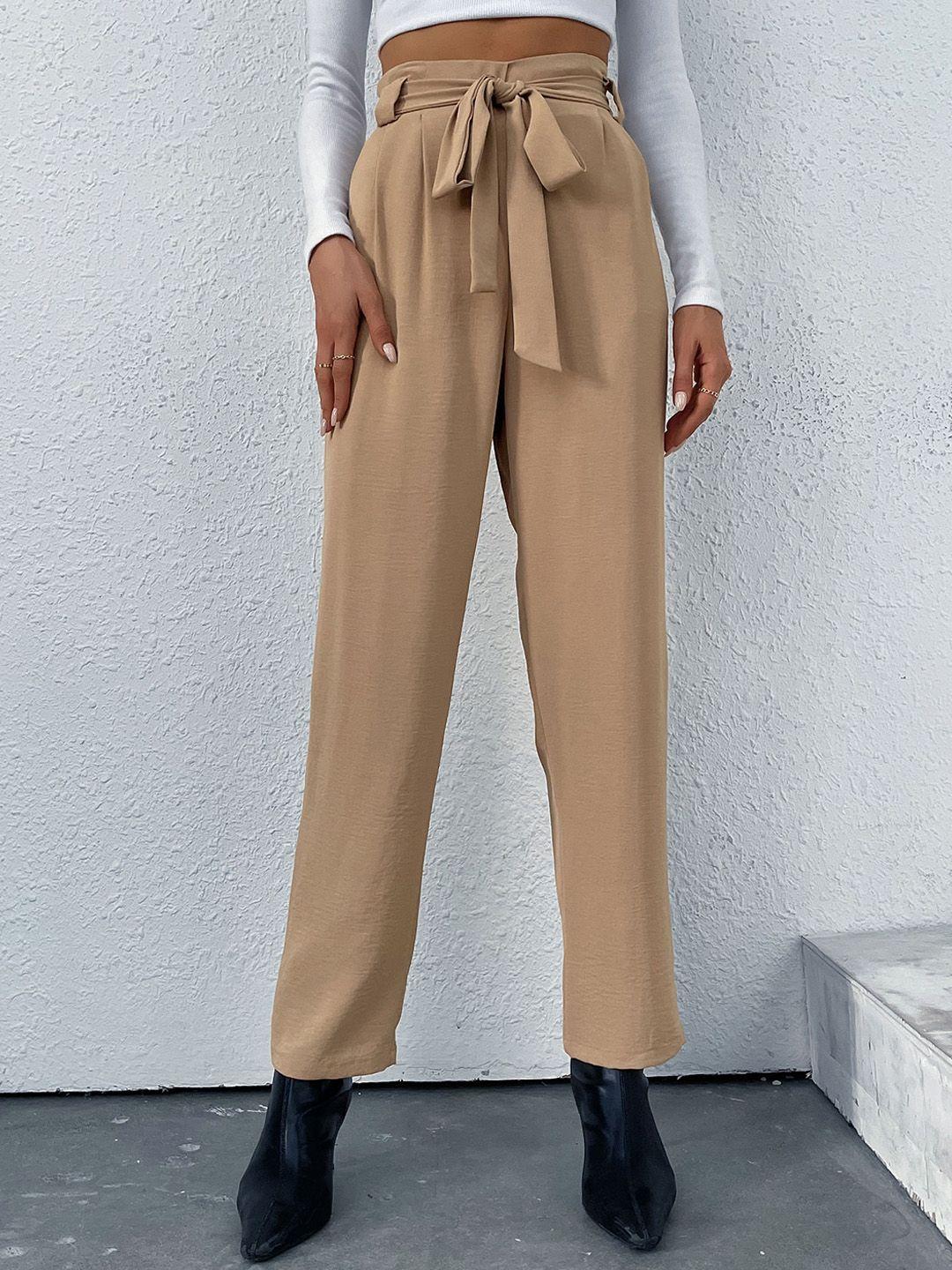 stylecast khaki women smart mid-rise pleated trousers with belt