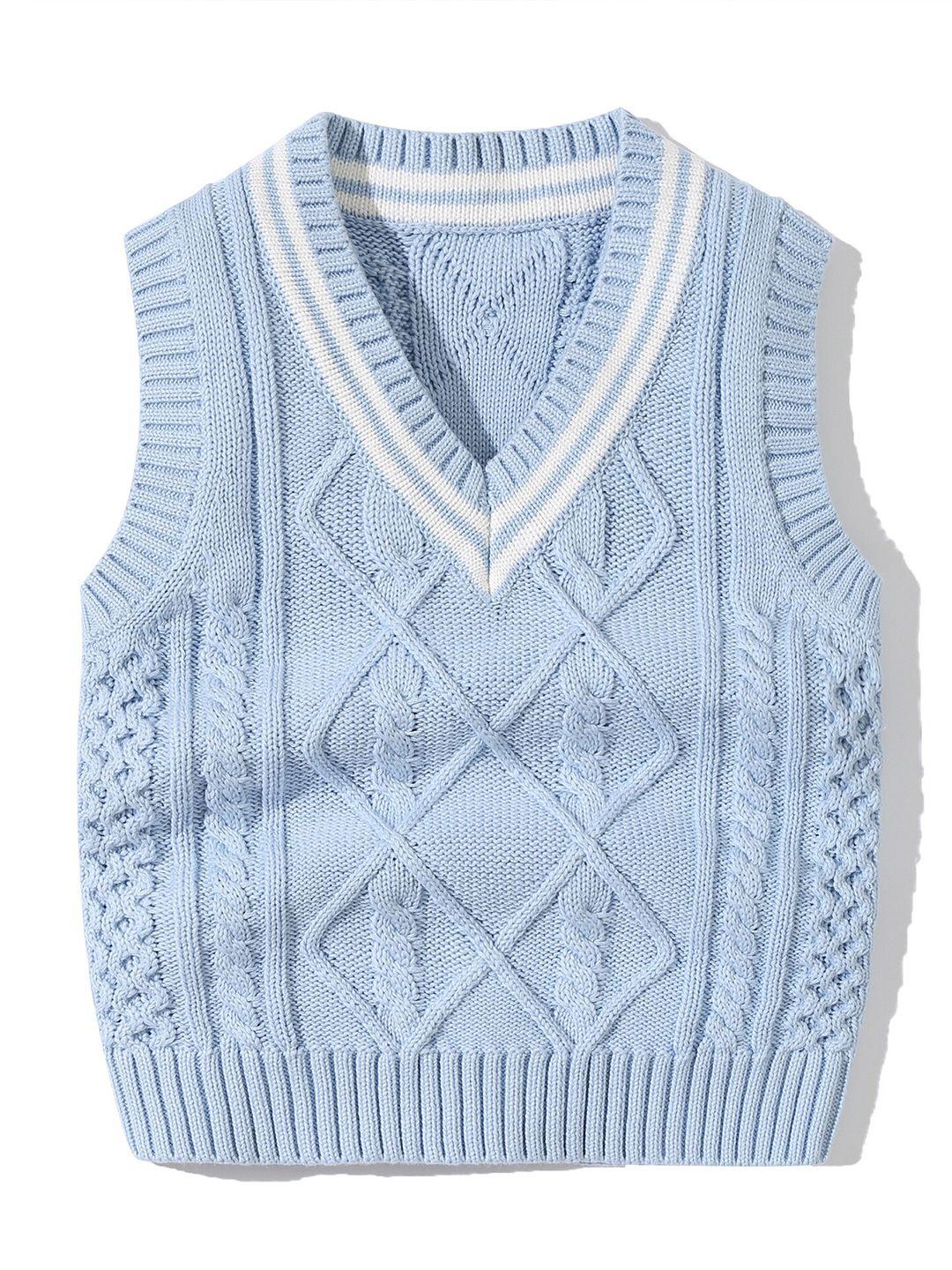 stylecast kids blue cable knit self design v-neck sleeveless ribbed cotton sweater vest