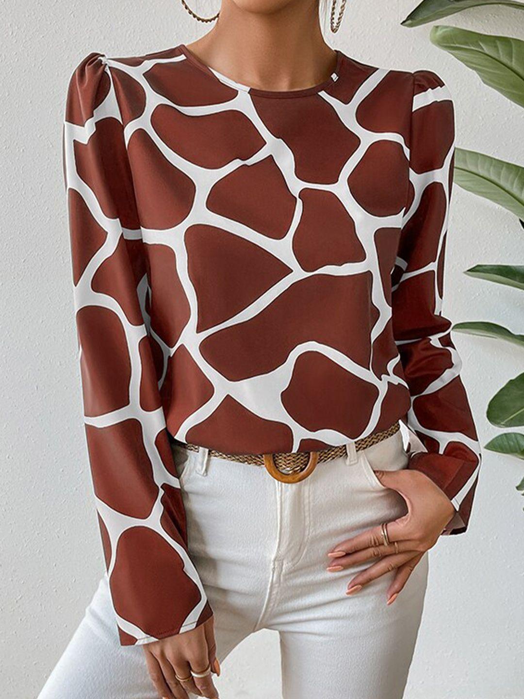 stylecast maroon & white round neck abstract printed cap sleeves regular top