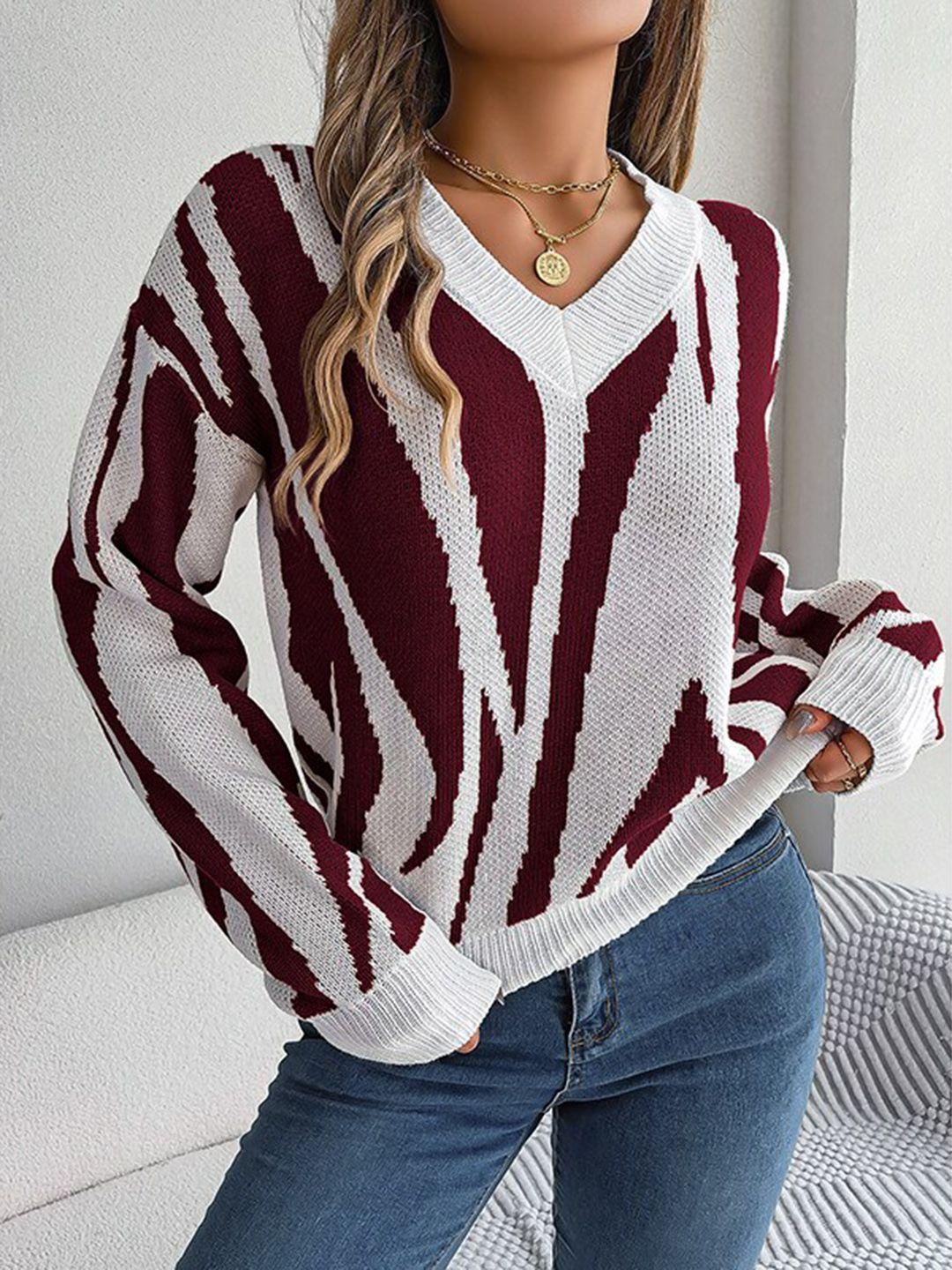 stylecast maroon abstract printed v-neck long sleeves acrylic pullover sweater