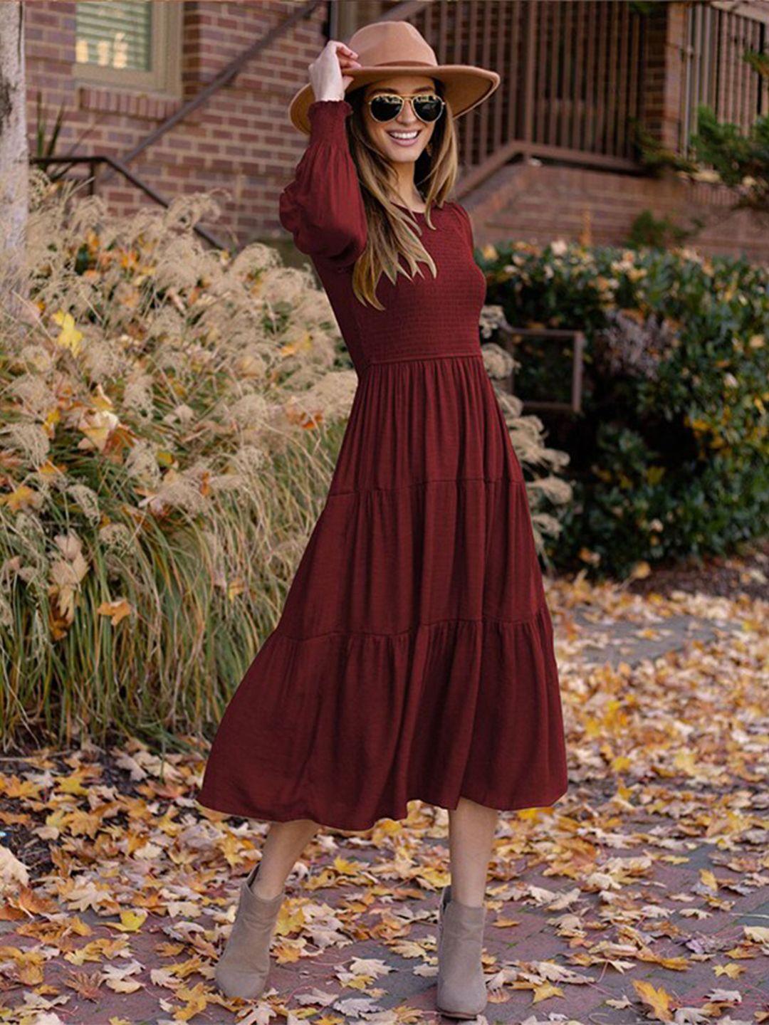 stylecast maroon bishop sleeve layered a-line midi dress