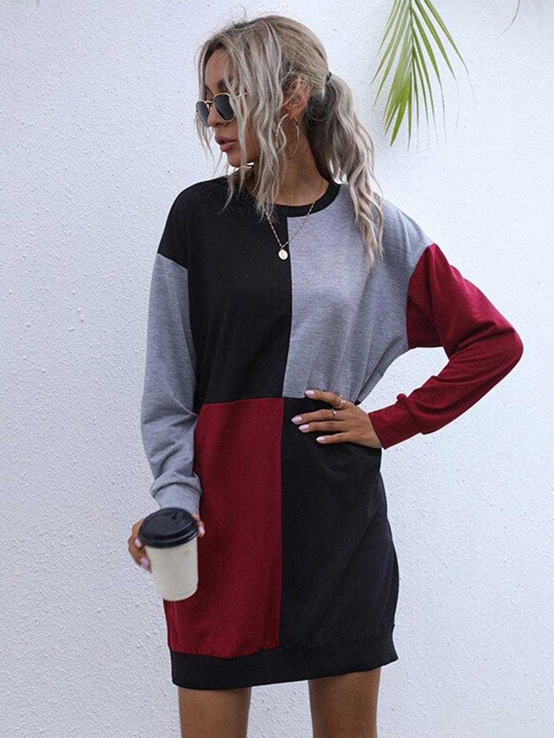 stylecast maroon colourblocked round neck long sleeve t-shirt dress