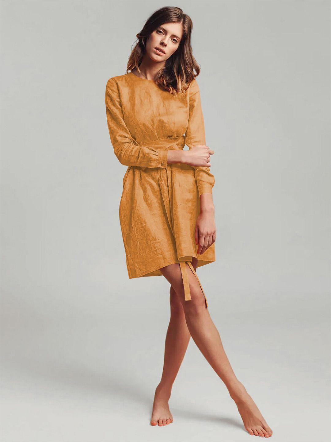 stylecast mustard yellow round neck cuffed sleeve tie up a-line dress