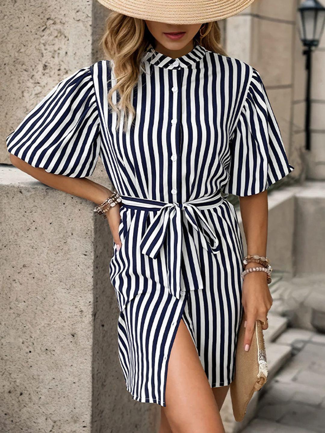 stylecast navy blue & white striped shirt midi dress