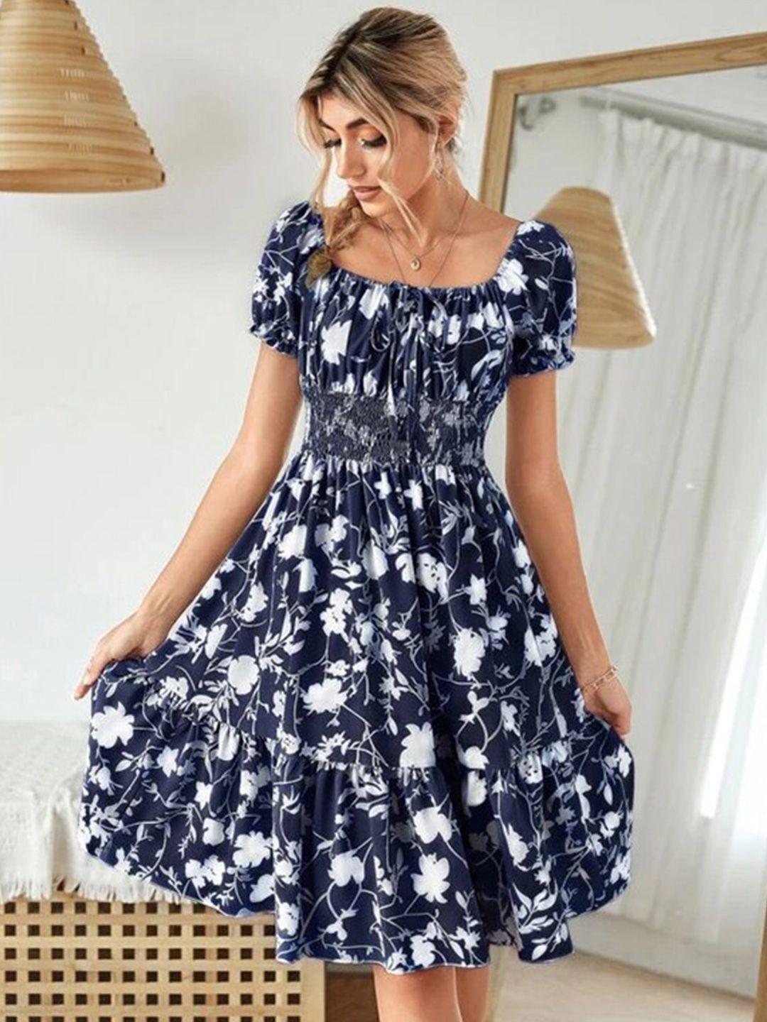 stylecast navy blue floral printed smocked fit & flare dress