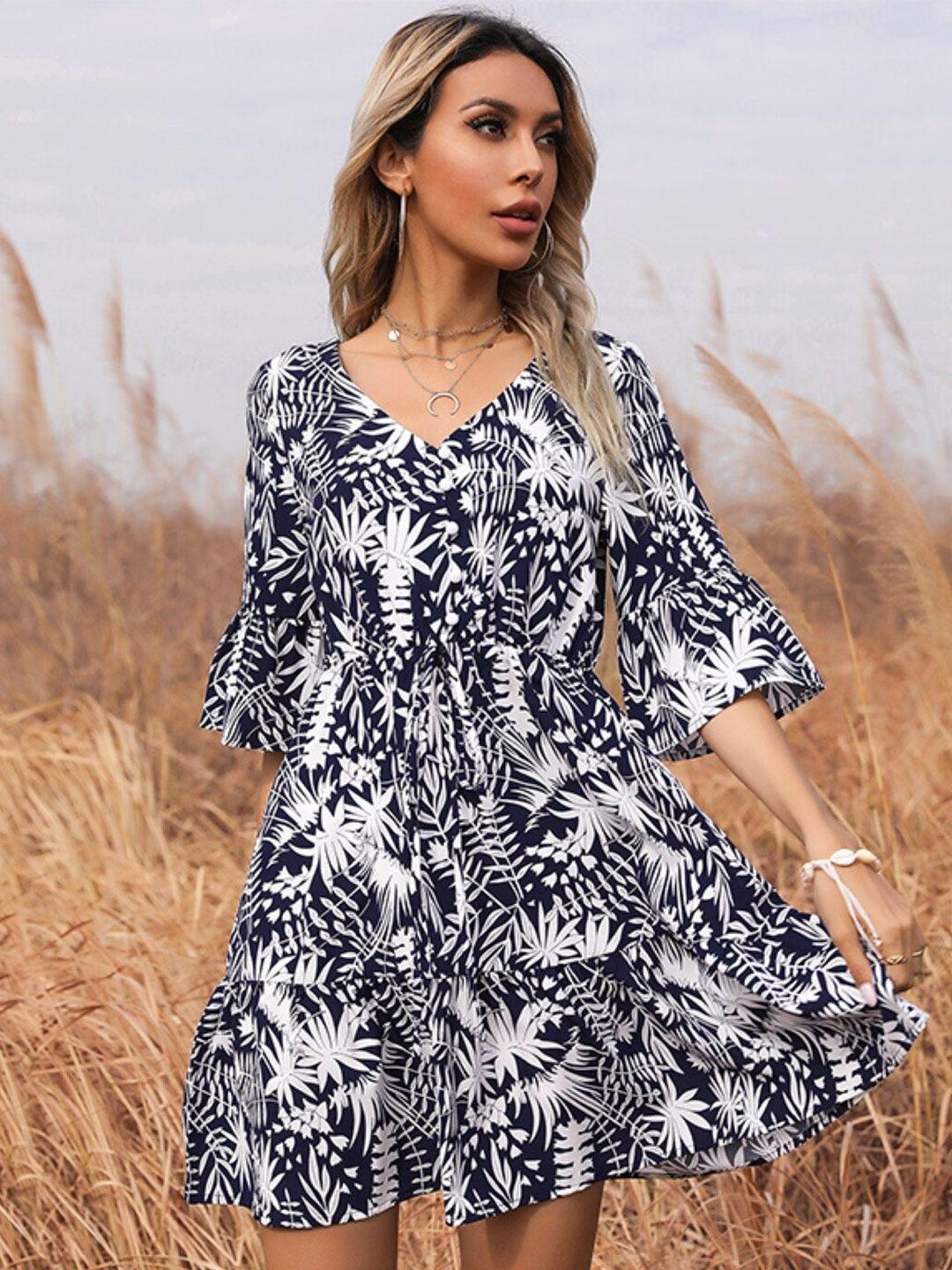 stylecast navy blue floral printed v-neck bell sleeve gathered detailed fit & flare dress