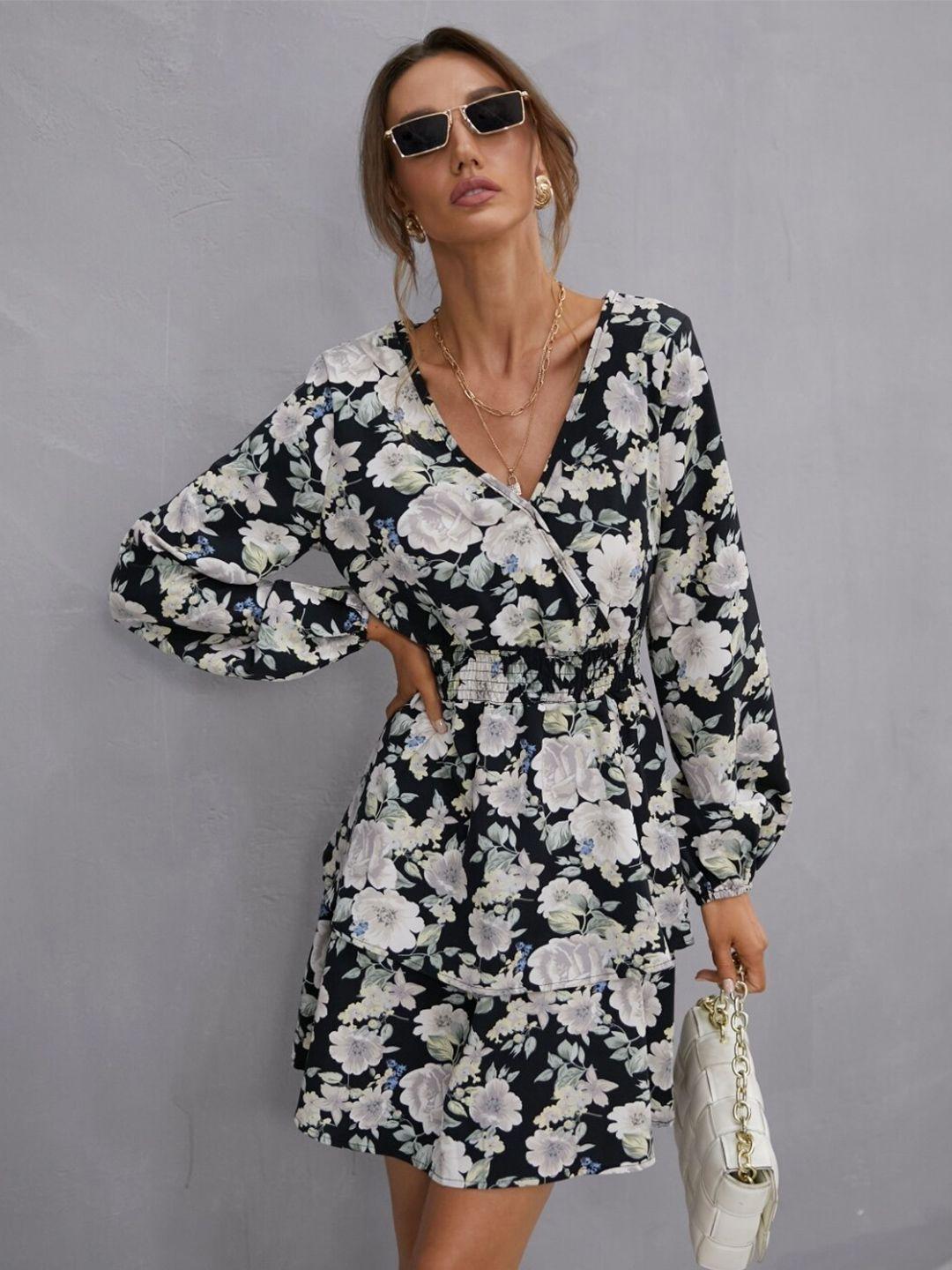 stylecast navy blue floral printed v-neck puff sleeves smocked fit & flare dress