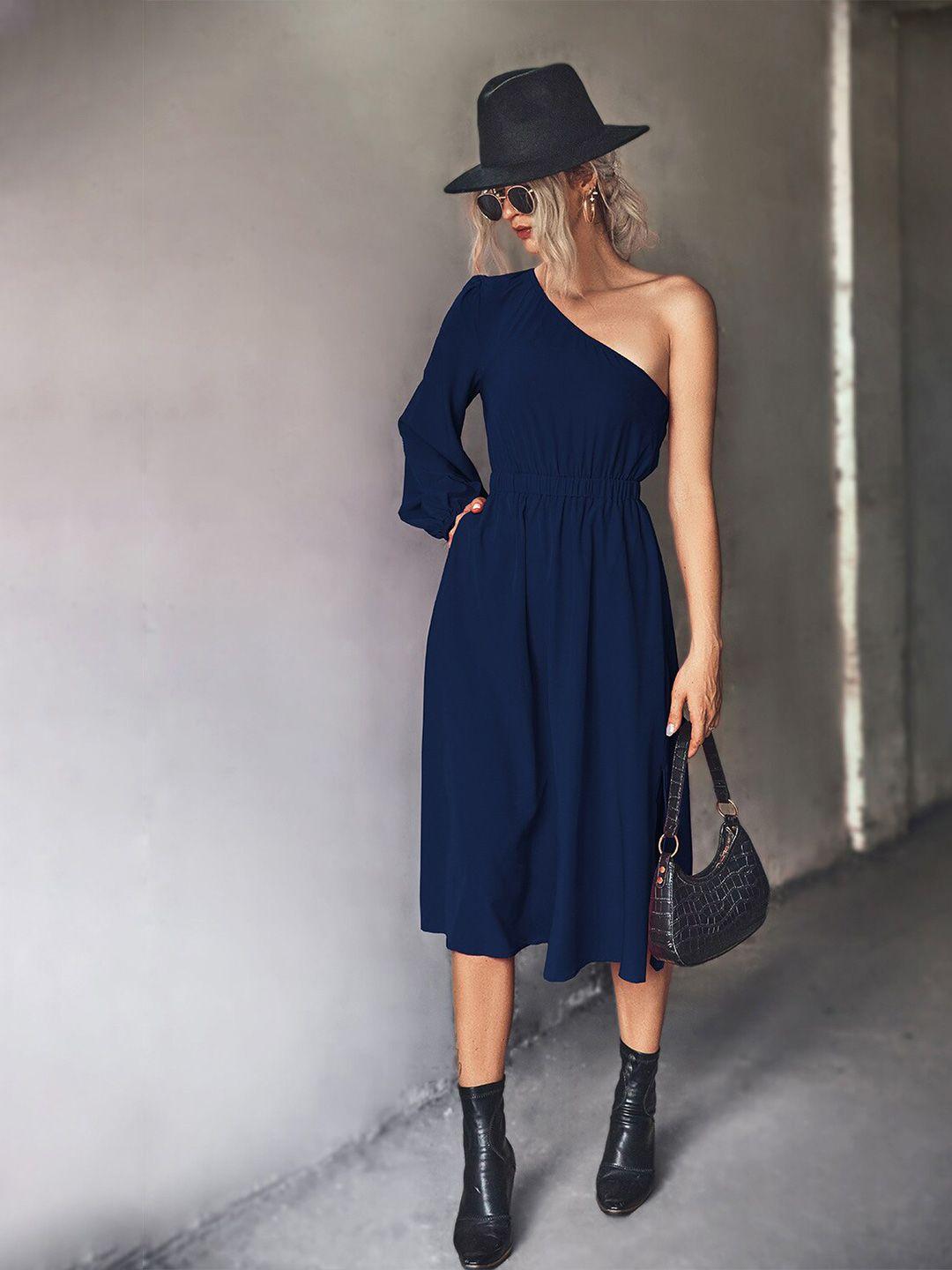 stylecast navy blue one shoulder puff sleeve fit & flare midi dress