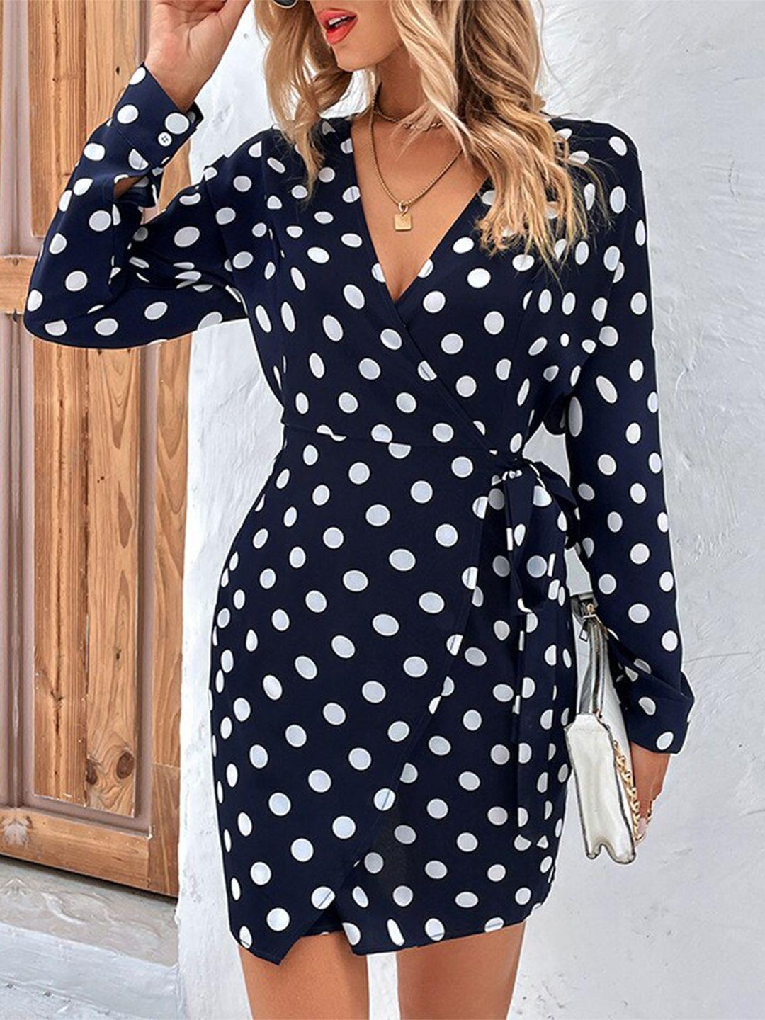 stylecast navy blue polka dots printed cuffed sleeves wrap dress