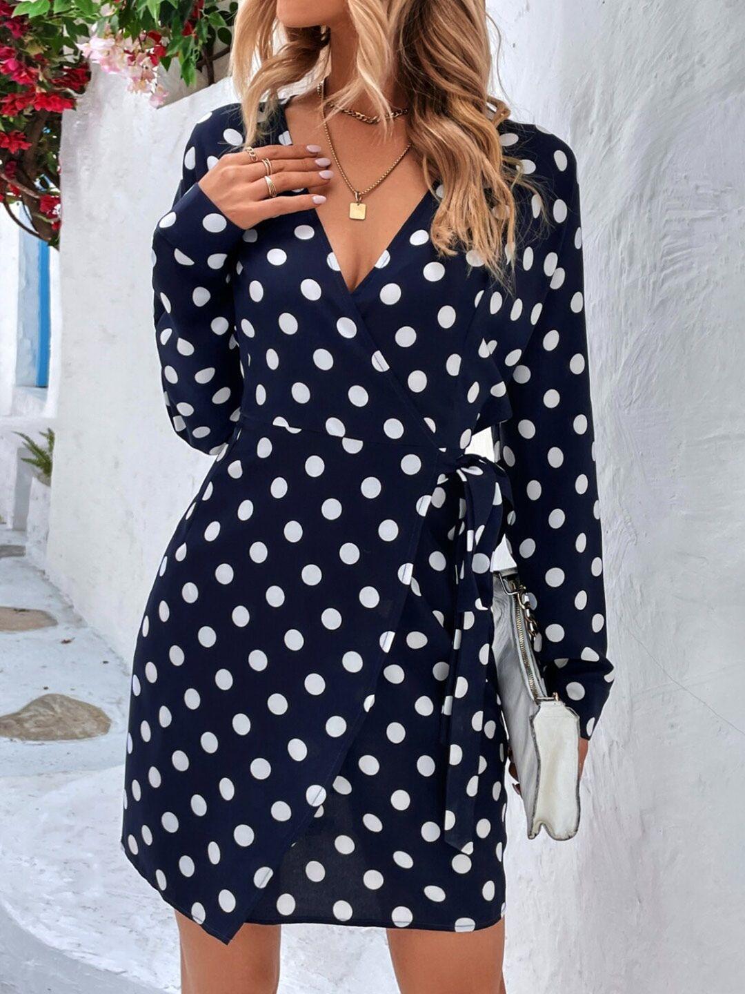 stylecast navy blue polka dots printed wrap dress