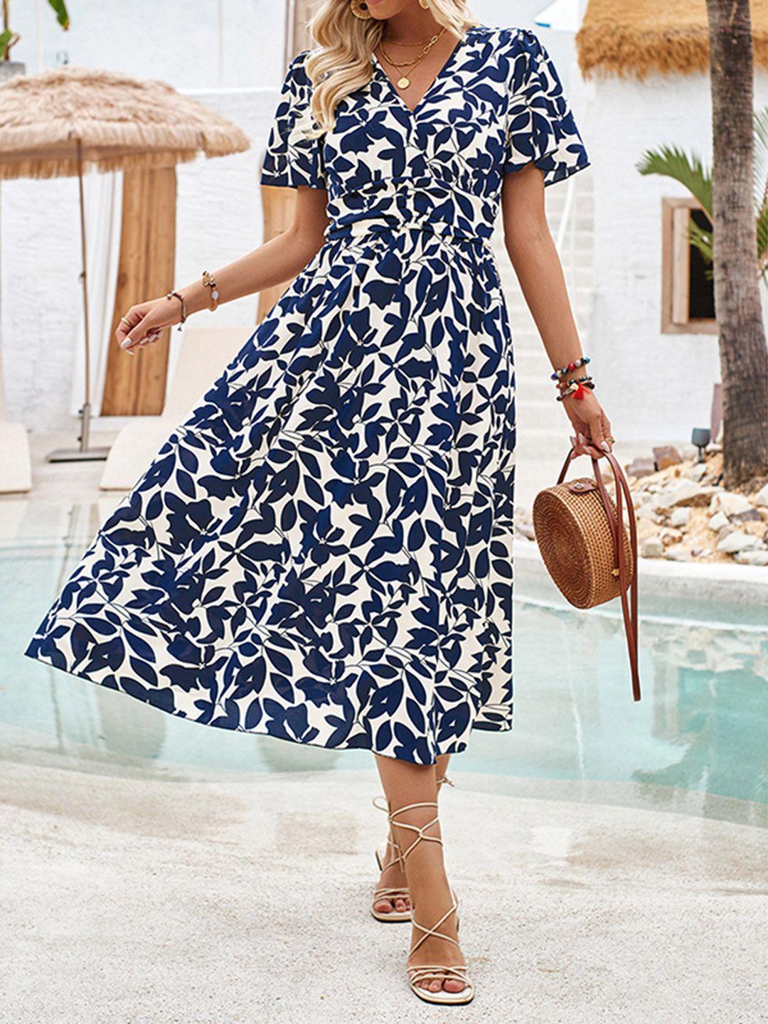 stylecast navy blue print fit & flare midi dress