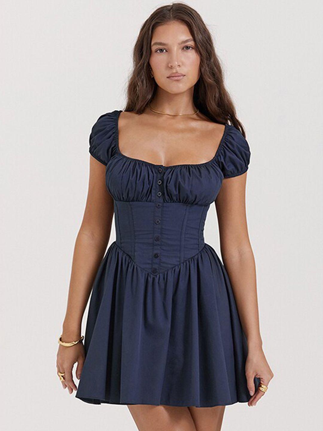 stylecast navy blue puff sleeve fit & flare mini dress