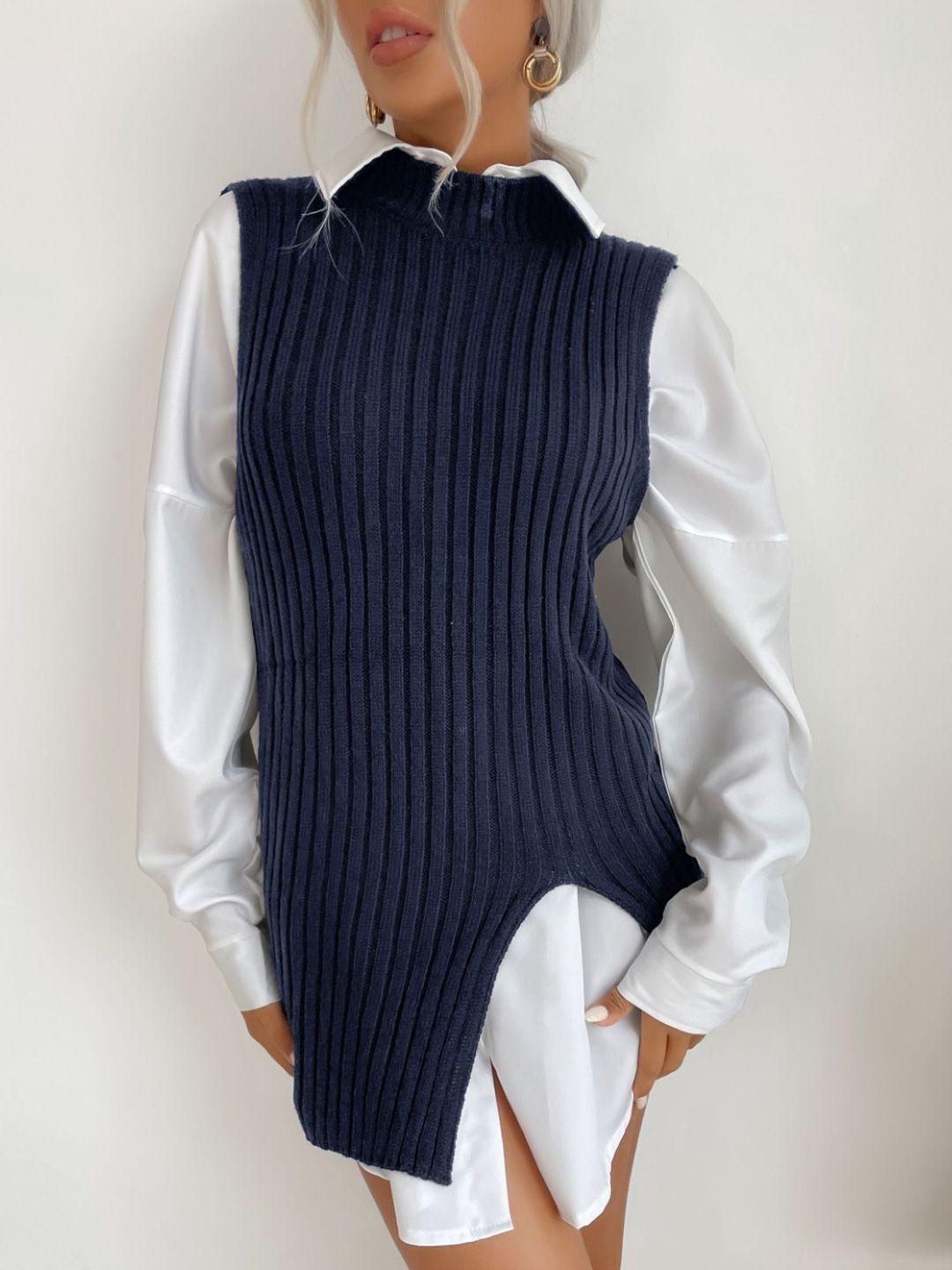 stylecast navy blue self design striped high neck longline sweater vest