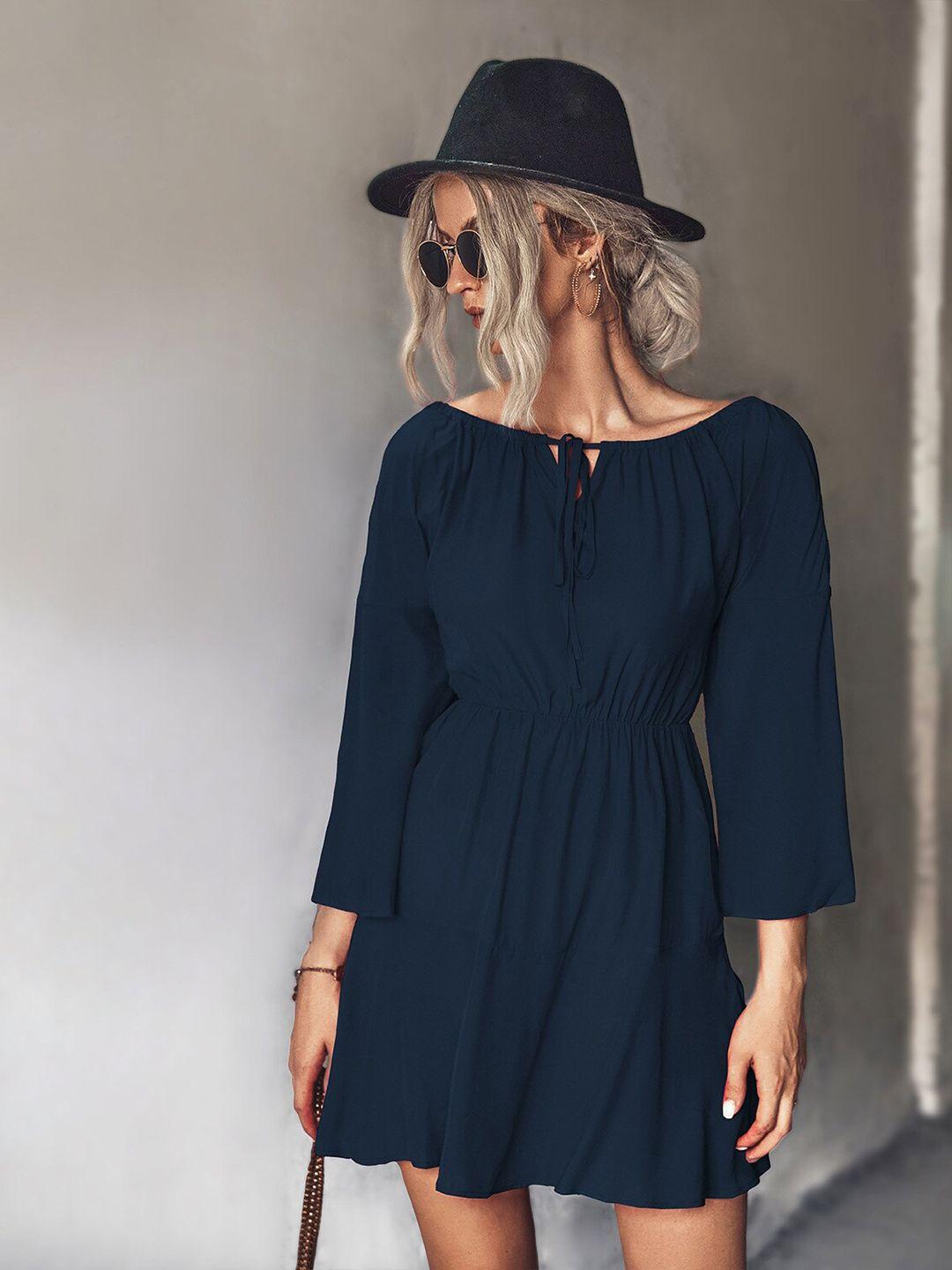 stylecast navy blue tie-up neck flared sleeves a-line dress